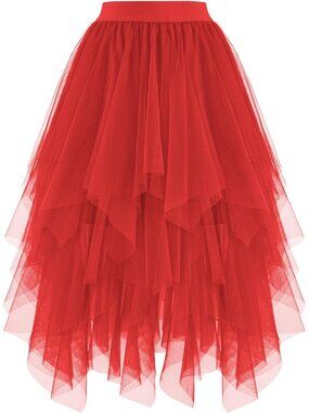 Women's Red High Low Layered Asymmetrical Puffy Fairy Midi Length Tulle Skirt
